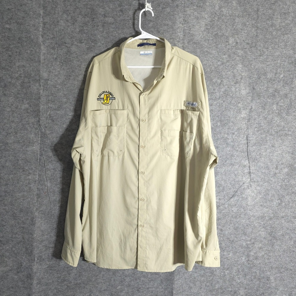Columbia Tamiami Fishing Shirt Men 3XL Beige Long Sleeve Embroidered Sports Logo
